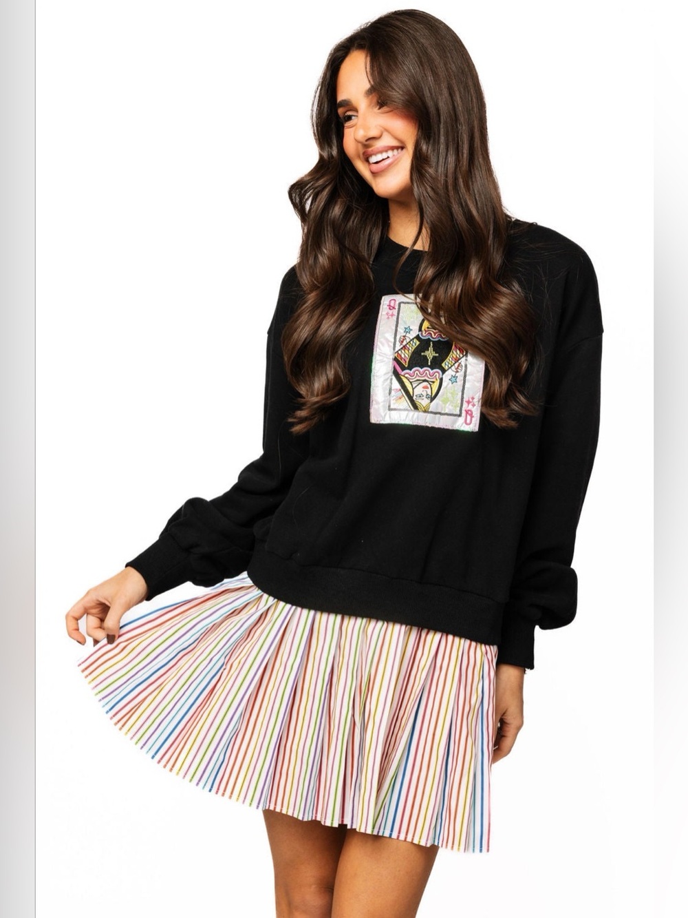 New! QUEEN OF SPARKLES Card Logo Multicolor Striped Pleated Mini Skirt Dress